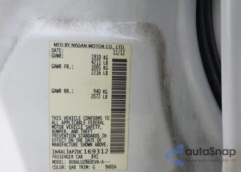 2013 Nissan Altima 2.5 Sv z USA, uszkodzony, nr VIN 1N4AL3AP2DC169312